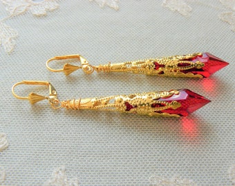 Red Medieval Earrings in Rich Gold, Pierced or Clip On Vintage Inspired Costume Jewellery Handmade in the UK