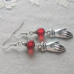 Regency Style Hand Earrings with Czech Glass Cathedral Beads in Ruby Red & Antiqued Silver, Also in Clip Ons image 3