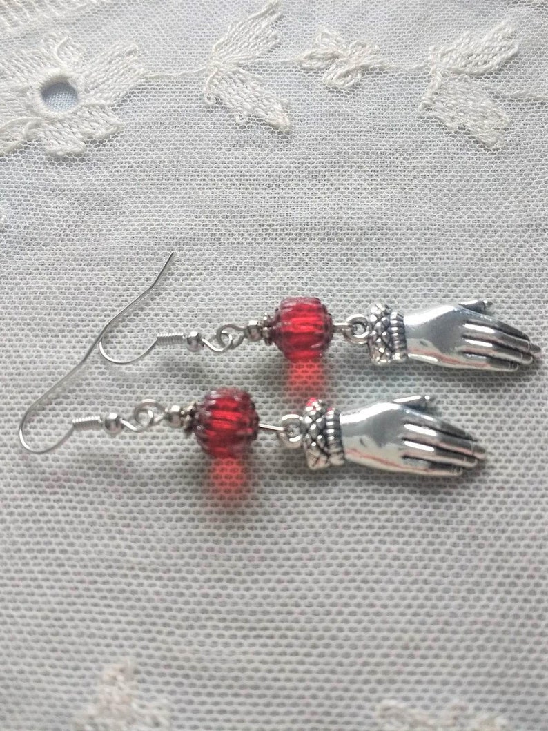 Regency Style Hand Earrings with Czech Glass Cathedral Beads in Ruby Red & Antiqued Silver, Also in Clip Ons image 3