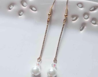 Delicate Gold White Pearl Drop Earrings, Contemporary Art Deco 1920s Gatsby