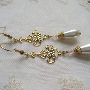 Golden Baroque Earrings with Delicate Openwork Floral Design, Imitation Pearl Teardrops and Glass Crystals, Pierced or Clip On image 5