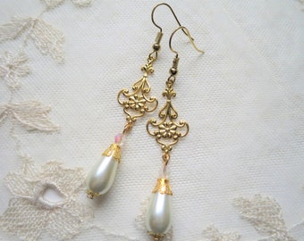 Golden Baroque Earrings with Delicate Openwork Floral Design, Imitation Pearl Teardrops and Glass Crystals, Pierced or Clip On