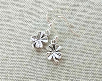 Good Luck Earrings with Dainty Four Leaf Clover Charms on Silver Plated Hooks