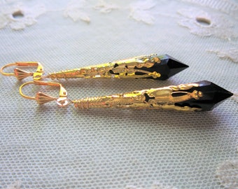 Flapper Vamp Earrings Art Deco Style, Black & Gold Gatsby Party Accessories, Handmade in the UK Under 10