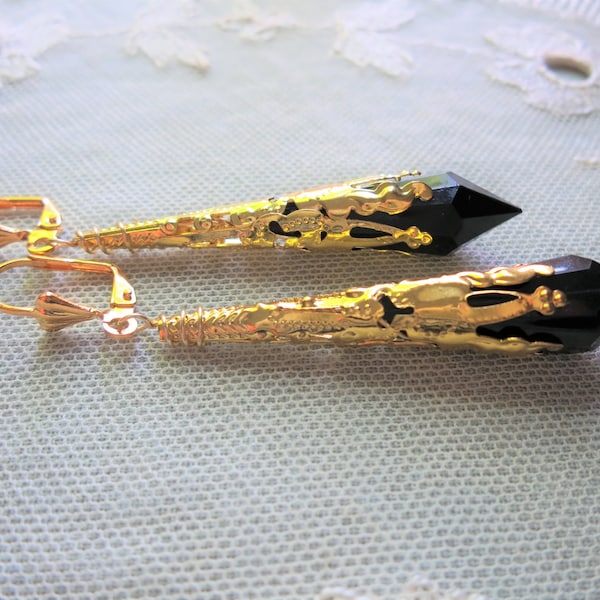 Flapper Vamp Earrings Art Deco Style, Black & Gold Gatsby Party Accessories, Handmade in the UK Under 10