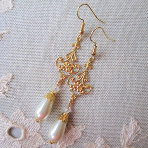 Golden Baroque Earrings with Delicate Openwork Floral Design, Imitation Pearl Teardrops and Glass Crystals, Pierced or Clip On image 6