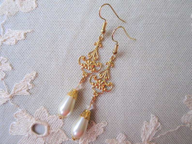 Golden Baroque Earrings with Delicate Openwork Floral Design, Imitation Pearl Teardrops and Glass Crystals, Pierced or Clip On image 6