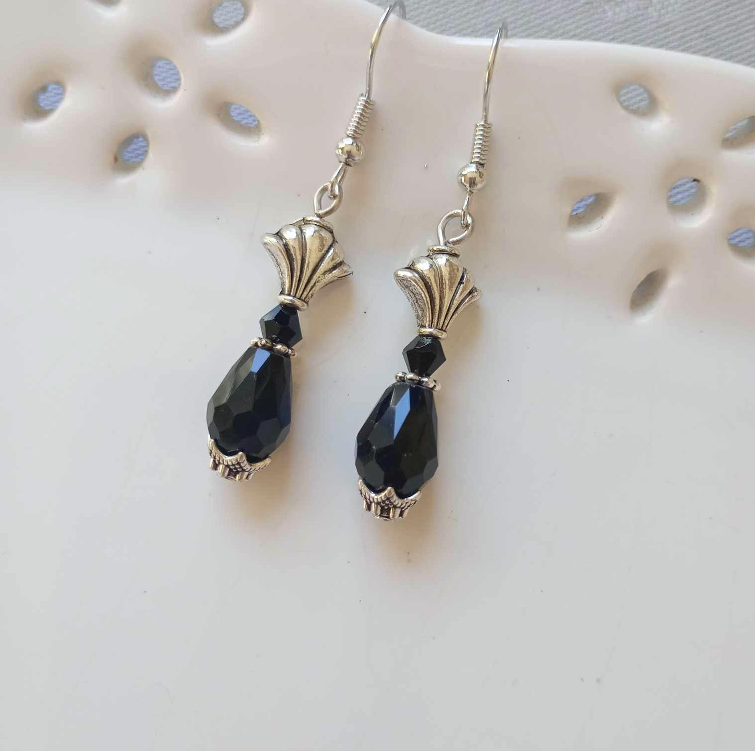 Art Deco Style Fan Earrings in Pierced or Clip On, Black & Antique Silver 1920s Style Jewellery
