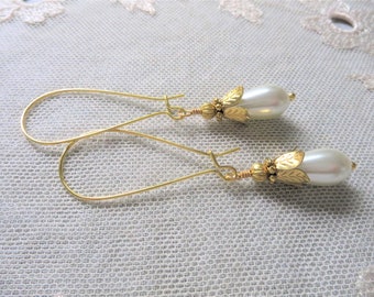 Golden Laurel Leaf Earrings with Glass Pearl Teardrops on Long Kidney Hook Style Wires