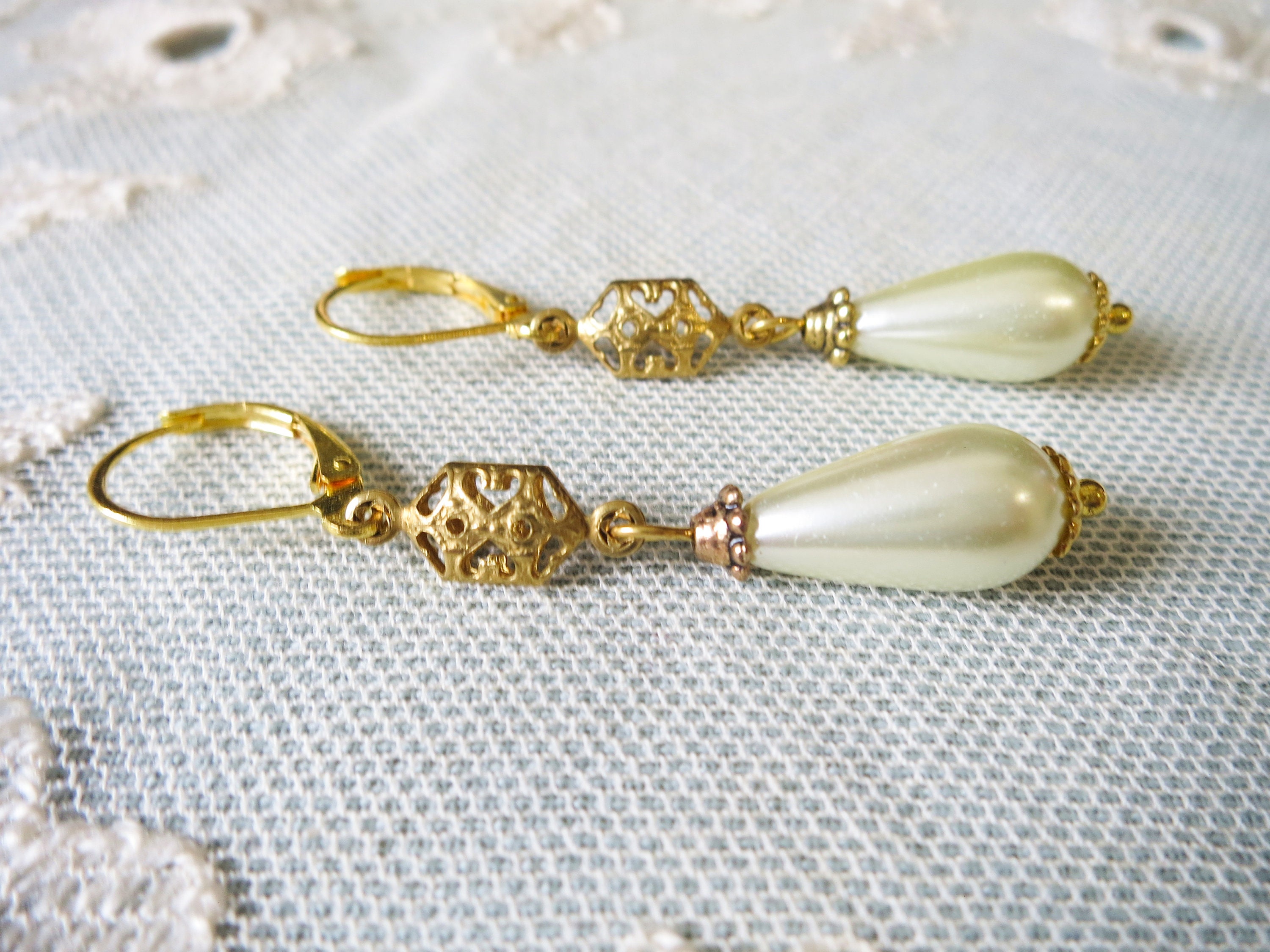 Ivory Pearl Drop Filigree Earrings, Vintage Inspired Costume Jewelry,…