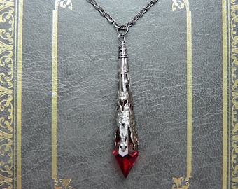 Gothic Vampire Pointed Pendant Necklace, Red & Gunmetal on 18" Chain, Packaged Ready for Gifting