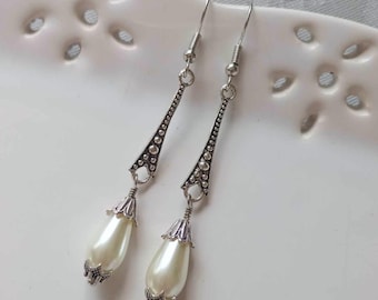 Pearl Drop Earrings in a Roaring 20s Art Deco Style, Handmade Elegant Vintage Inspired Costume Jewellery