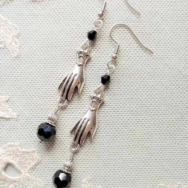 Gothic Victorian Hand Earrings, Black & Silver, Pierced or Clip On