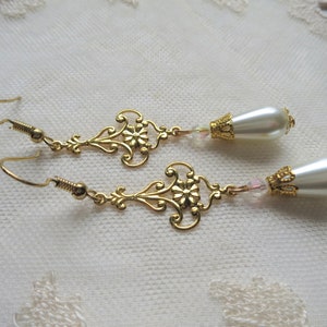 Golden Baroque Earrings with Delicate Openwork Floral Design, Imitation Pearl Teardrops and Glass Crystals, Pierced or Clip On image 10