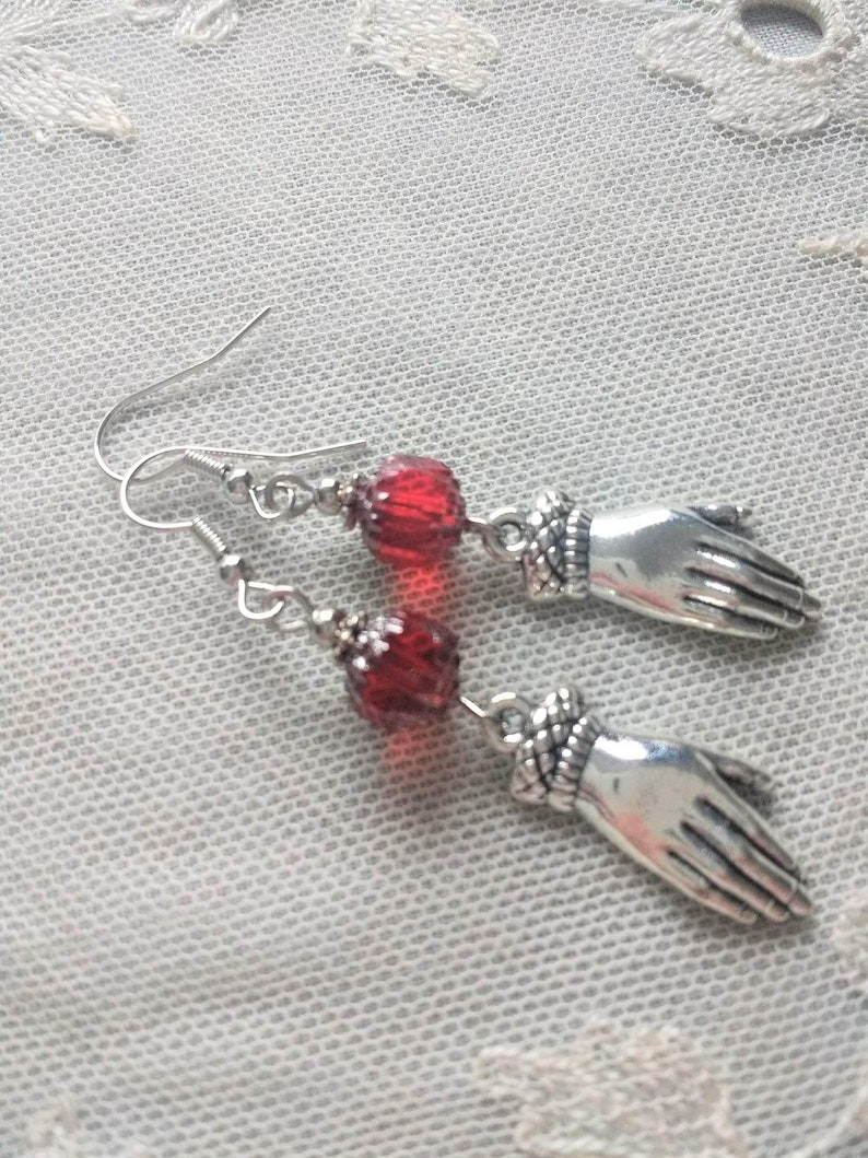 Regency Style Hand Earrings with Czech Glass Cathedral Beads in Ruby Red & Antiqued Silver, Also in Clip Ons image 5