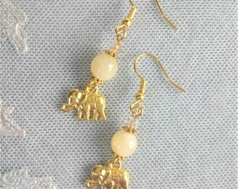 Elephant Earrings with Gold Plated Charms, Honey Calcite & Austrian Crystal Beads in Pierced or Clip On