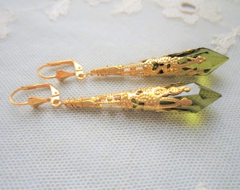 Ornate Olive and Gold Earrings, Elegant, Long and Lightweight, Pierced or Clip On