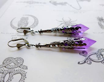 Deep Purple Gunmetal Earrings, Pointed Beads Gothic Jewelry, Halloween Accessory, Long and Lightweight Clip On Dangle