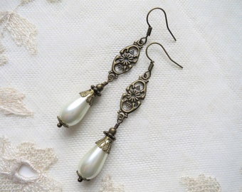 Edwardian Style Earrings with Glass Pearl Teardrops and Embossed Floral Detail, Pierced or Clip On