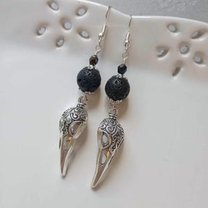 Gothic Raven Skull Earrings with Lava and Czech Glass Beads in Black & Silver , Pierced or Clip On