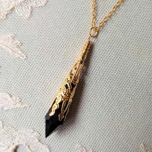 Art Deco Flapper Ornate Pendant Necklace: Dramatic Black & Antique Gold