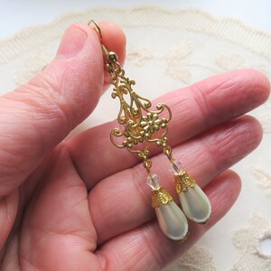 Golden Baroque Earrings with Delicate Openwork Floral Design, Imitation Pearl Teardrops and Glass Crystals, Pierced or Clip On image 3