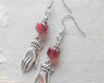 Regency Style Hand Earrings with Czech Glass Cathedral Beads in Ruby Red & Antiqued Silver, Also in Clip Ons