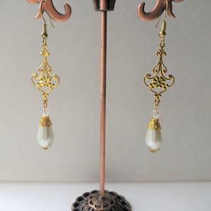 Golden Baroque Earrings with Delicate Openwork Floral Design, Imitation Pearl Teardrops and Glass Crystals, Pierced or Clip On image 2
