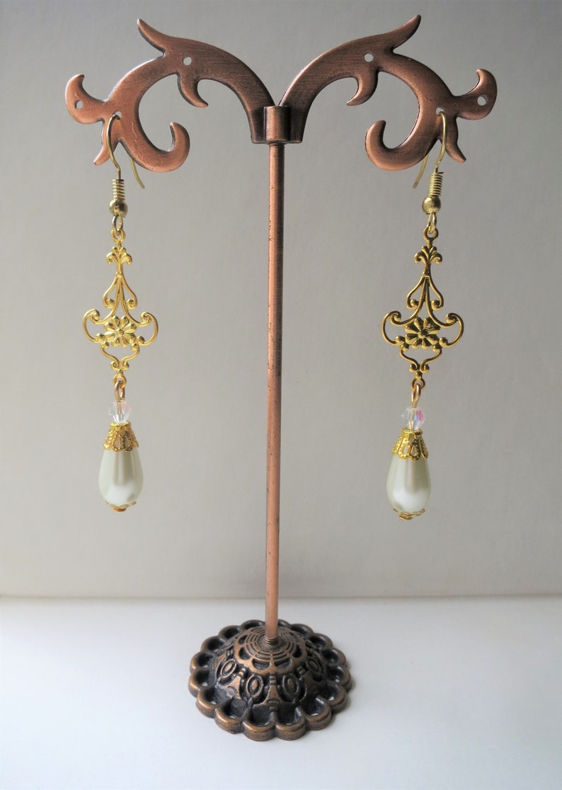 Golden Baroque Earrings with Delicate Openwork Floral Design, Imitation Pearl Teardrops and Glass Crystals, Pierced or Clip On image 2