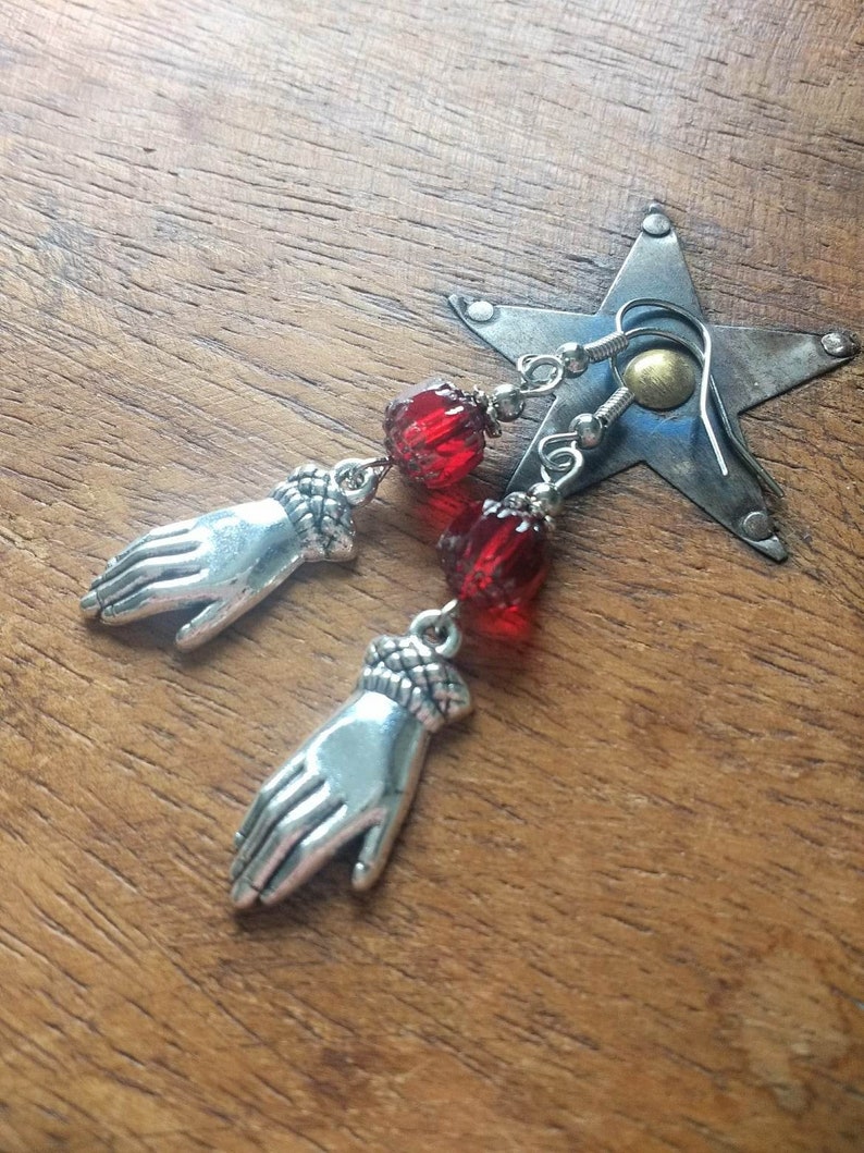 Regency Style Hand Earrings with Czech Glass Cathedral Beads in Ruby Red & Antiqued Silver, Also in Clip Ons image 4