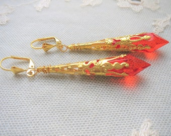 Medieval Earrings in Pierced or Clip On, Bright Orangey Red and Rich Gold, Vintage Inspired Costume Jewellery Handmade in the UK
