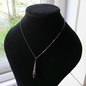 Pu&ograve; includere: Una collana con catena d'argento con un ciondolo di cristallo viola. Il ciondolo ha la forma di una lacrima ed &egrave; decorato con un motivo a filigrana d'argento.