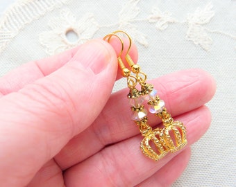 Gold Crowns Dangle Earrings with Sparkly Vintage Austrian Crystal Beads and Charms, Pierced or Clip On