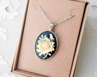 Rose Cameo Pendant Necklace on 20" Chain In a Victorian Style, Boxed Ready for Gifting