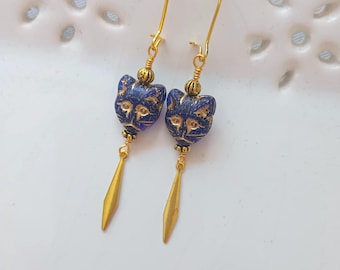 Egyptian Revival Cat Earrings in Blue & Gold Czech Glass Beads: Vintage 1920s Style