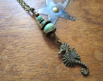 Handmade Sea Horse Pendant Necklace with Aqua & Turquoise Czech Glass and Ceramic Beads, Packaged Ready for Gifting