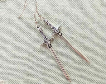 Silver Sword Earrings with Long Medieval Style Dagger Charms