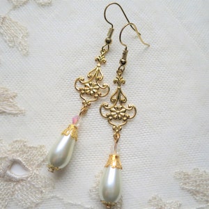 Golden Baroque Earrings with Delicate Openwork Floral Design, Imitation Pearl Teardrops and Glass Crystals, Pierced or Clip On image 9