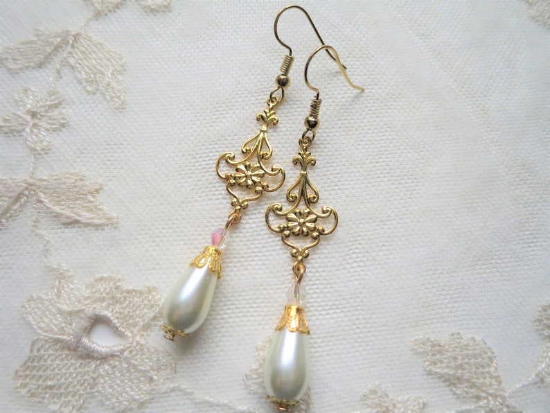 Golden Baroque Earrings with Delicate Openwork Floral Design, Imitation Pearl Teardrops and Glass Crystals, Pierced or Clip On image 9