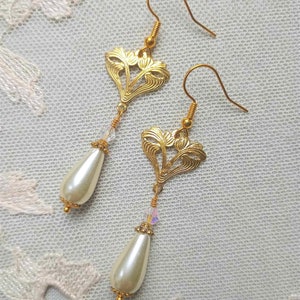 Art Nouveau Style Golden Earrings with Ivory Glass Pearl Teardrop & AB Crystal Beads, Also available in Clip Ons