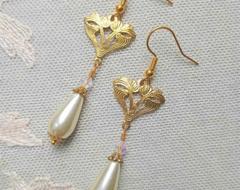 Art Nouveau Style Golden Earrings with Ivory Glass Pearl Teardrop & AB Crystal Beads, Also available in Clip Ons