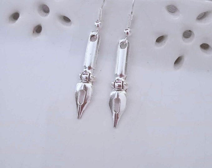 Fountain Pen Ink Nib Dangle Earrings, Antique Silver Vintage Style Charm Jewellery
