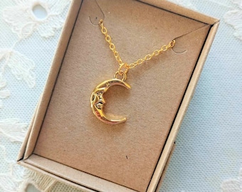 Golden Crescent Moon Necklace on 18 inch Chain, Man in the Moon Charm Pendant Boxed Ready for Gifting