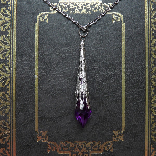 Purple Gothic Pendant Necklace on 18" Chain, Vintage Inspired Costume Jewellery Packaged Ready for Gifting