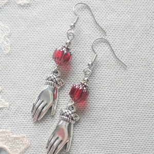 Regency Style Hand Earrings with Czech Glass Cathedral Beads in Ruby Red & Antiqued Silver, Also in Clip Ons image 7