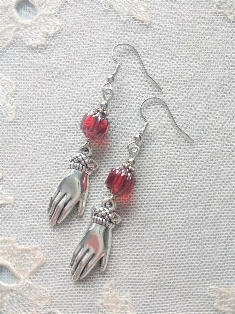 Regency Style Hand Earrings with Czech Glass Cathedral Beads in Ruby Red & Antiqued Silver, Also in Clip Ons image 7
