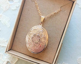 Oval Picture Locket with Flowers & Scrolls in an Antique Style on a 20" Chain, Boxed with Ribbon Ready for Gifting