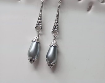 Art Deco Silver Grey Pearl Drop Earrings 1920s Style Elegant Costume Jewellery