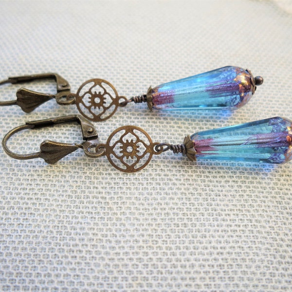 Art Deco Flower Motif Earrings with Transparent Aqua Czech Glass Drops, Pierced or Clip On