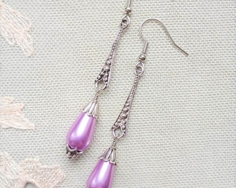 Lilac Pearl Teardrop Earrings Roaring 20s Art Deco Style